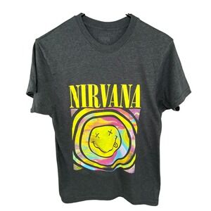 Nirvana Graphic‎ T Shirt Mens Small Charcoal Grey Smiley Face Psychedelic Indie